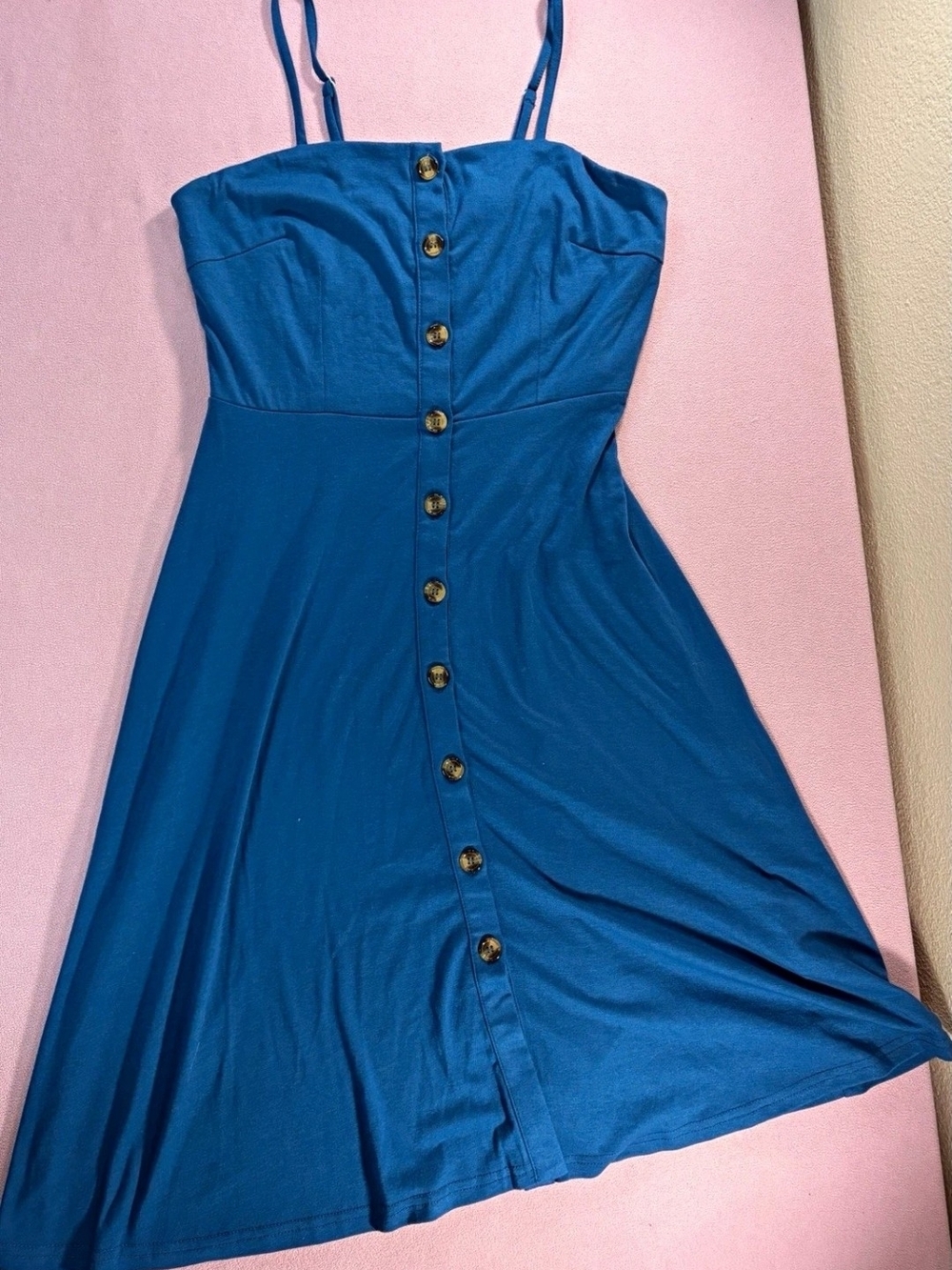 Teal Blue Button-Front Midi Dress with Spaghetti Straps